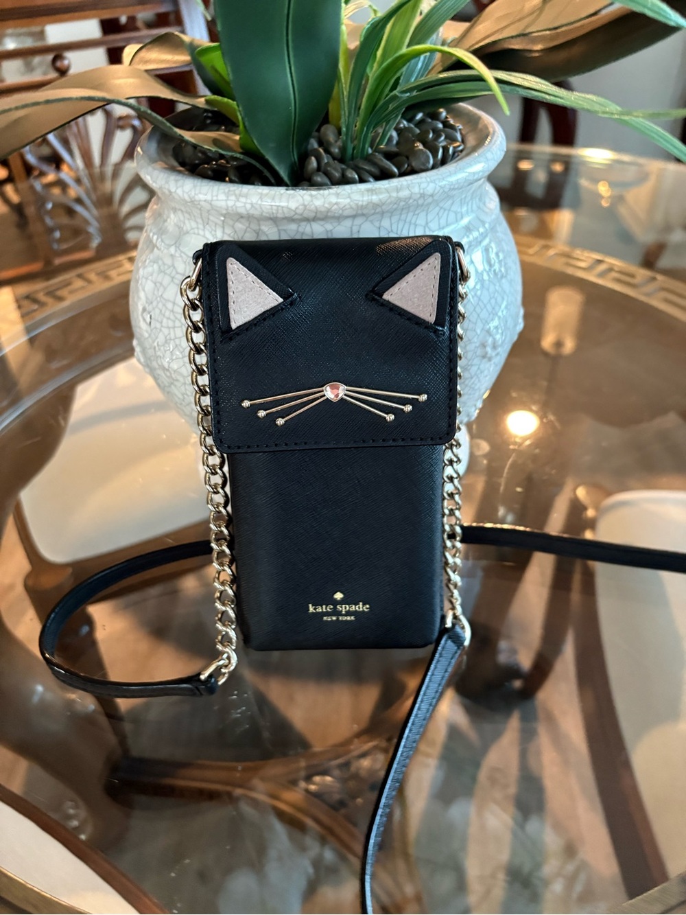 ♠️♠️KATE SPADE NEW YORK CAT NORTH SOUTH BLACK SAFFIANO LEATHER CROSSBODY BAG!